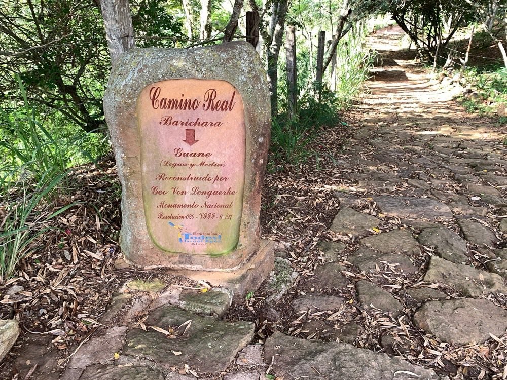 Piedra marcadora del Camino Real entre Barichara y Guane vista desde lejos, con el sendero de piedra perdiéndose bajo un túnel de árboles